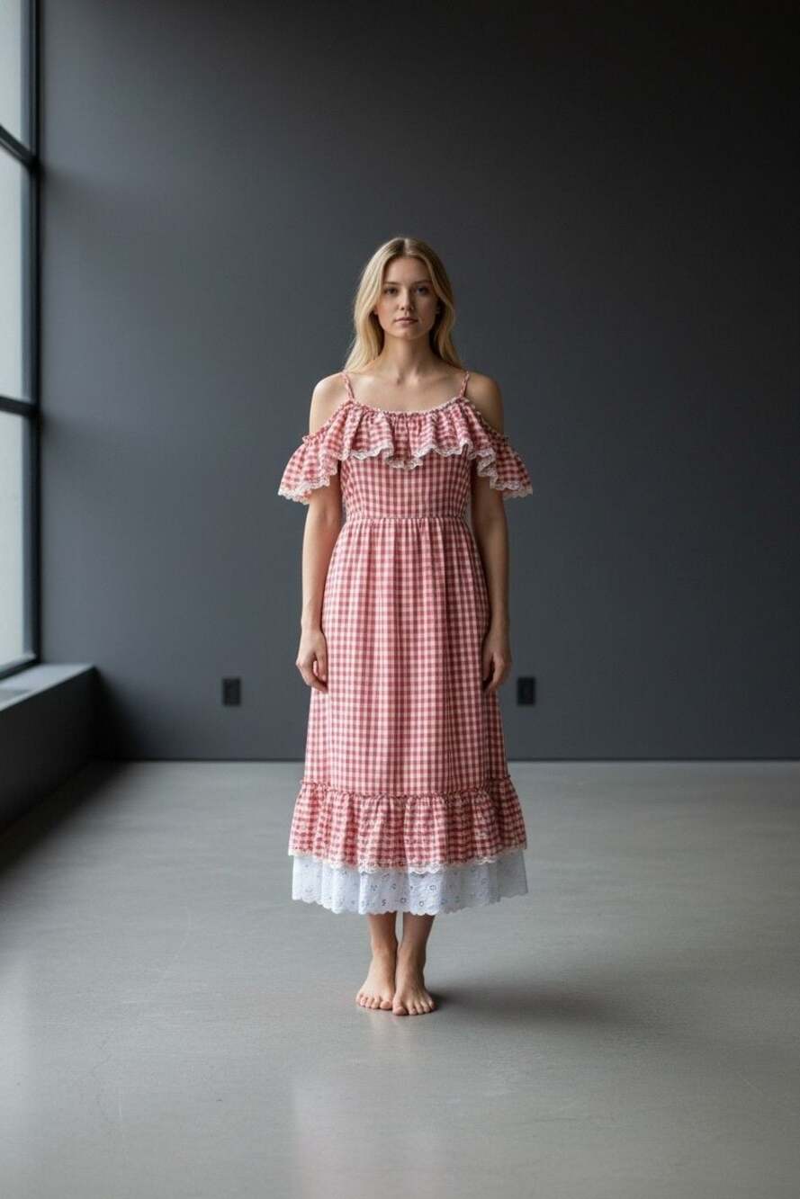 Vintage ALMOR New York Red Gingham Cottagecore Dress Eyelet Lace